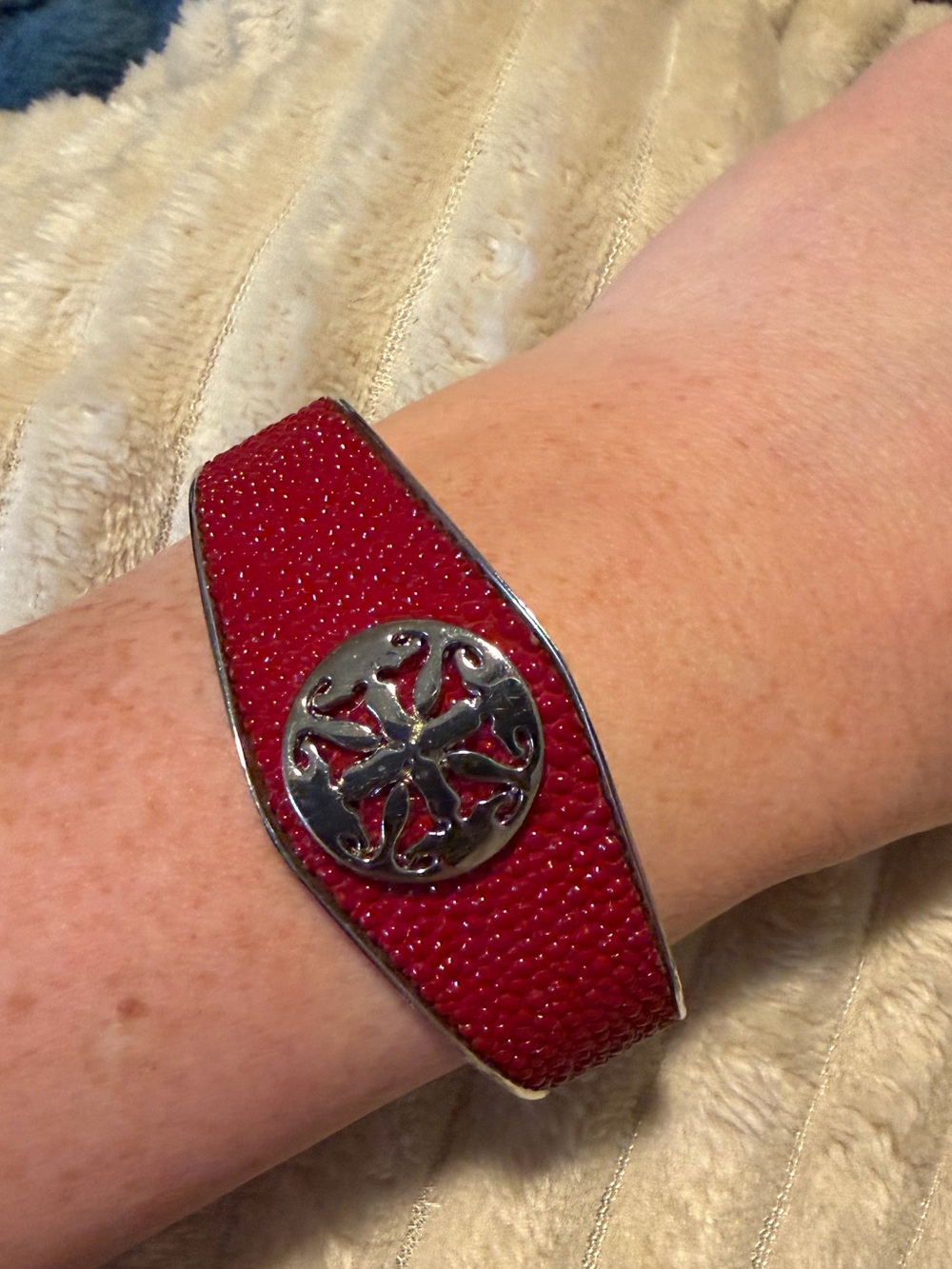 Rustic Cuff Red Textured Cuff with Silver Medallion